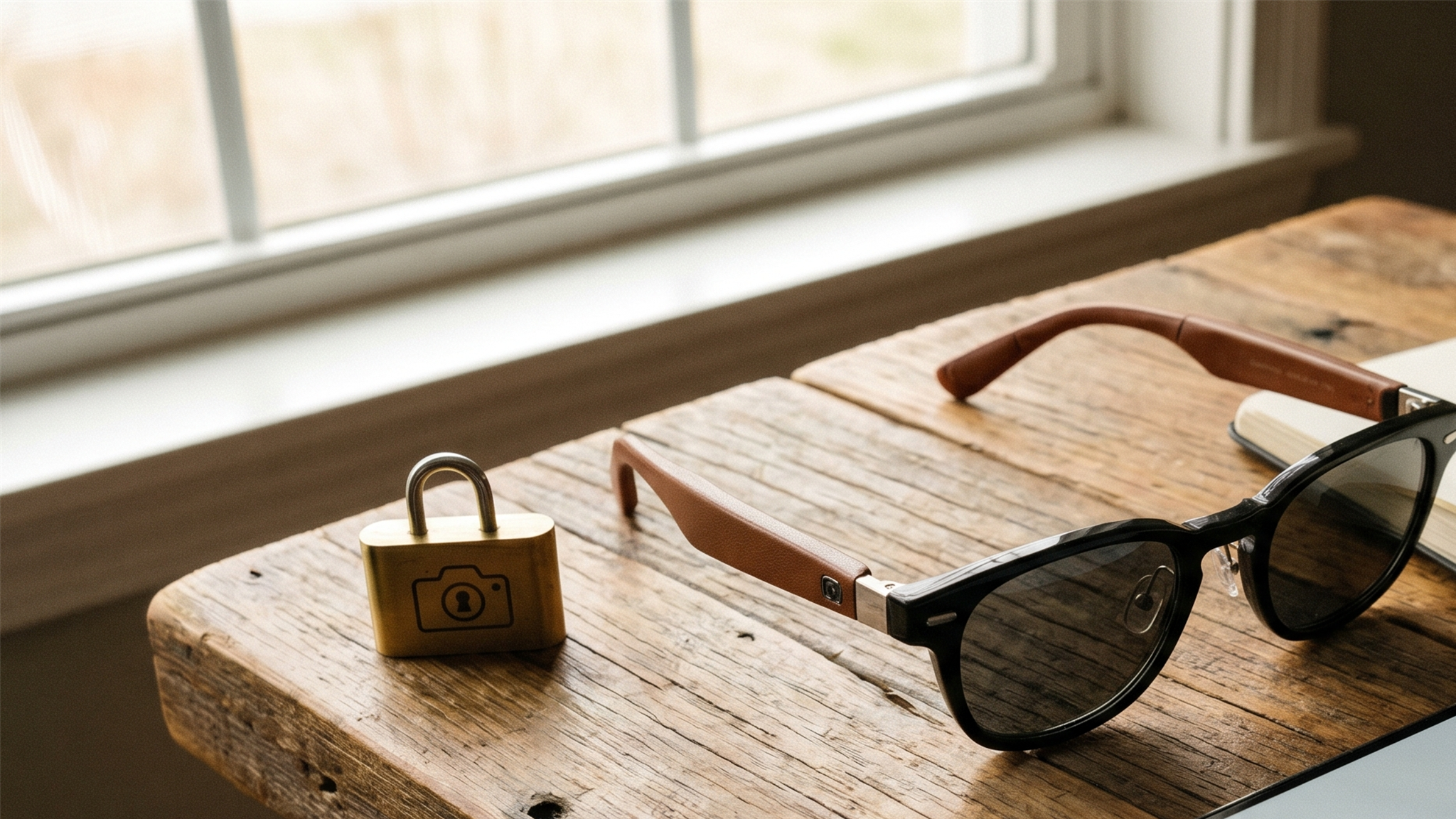 Premium editorial image of AI smart glasses beside a phone and notebook