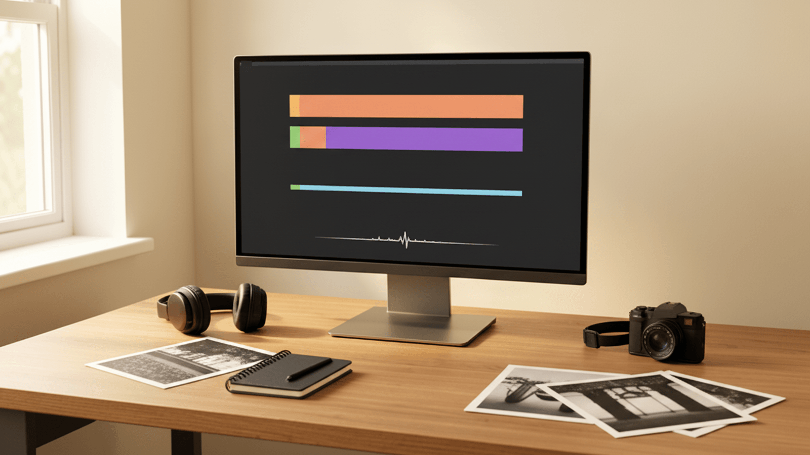 Illustration of an unbranded desktop video timeline beside a camera and anonymous landscape prints