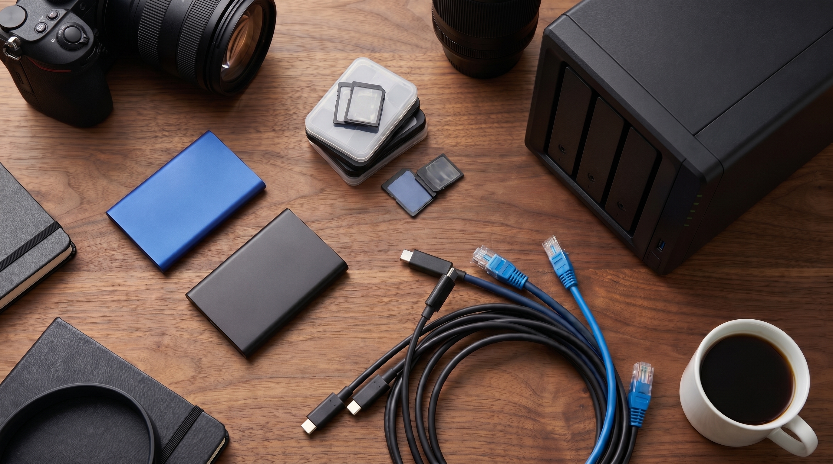 High-detail flatlay of SSDs, SD cards, NAS hardware, and cables for creator backup