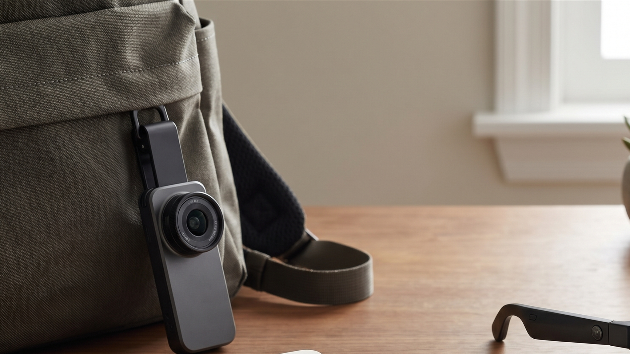 Editorial buyer guide image of compact wearable cameras and smart glasses with travel journal props