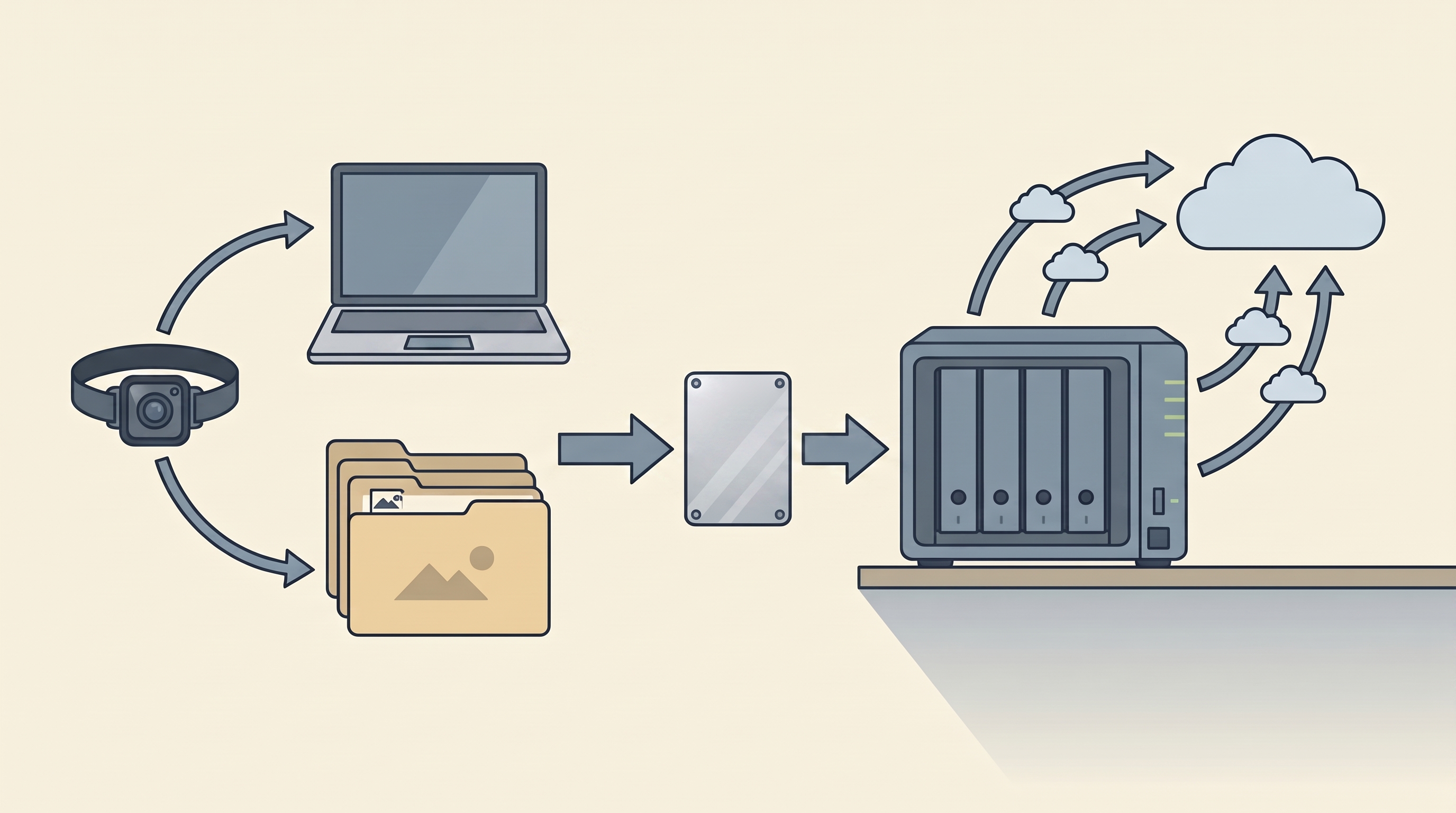 Clean workflow illustration of folders, SSD, NAS, arrows, and a wearable camera for a personal archive