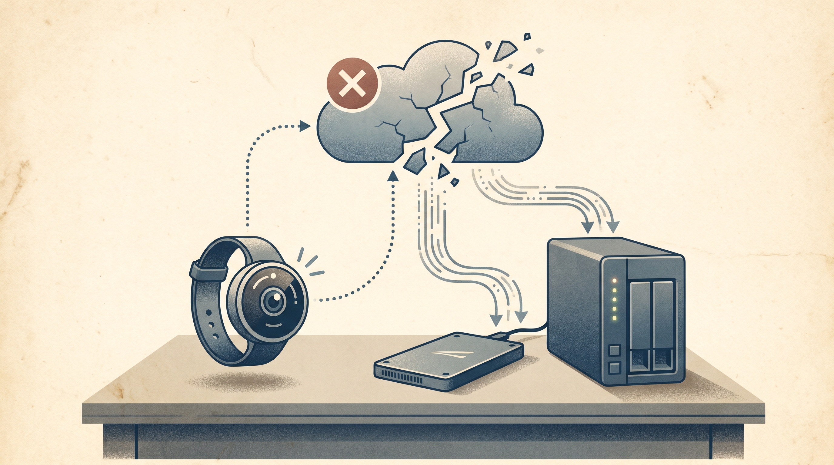 Editorial illustration of a failing cloud icon, wearable camera, SSD, and NAS for a personal archive