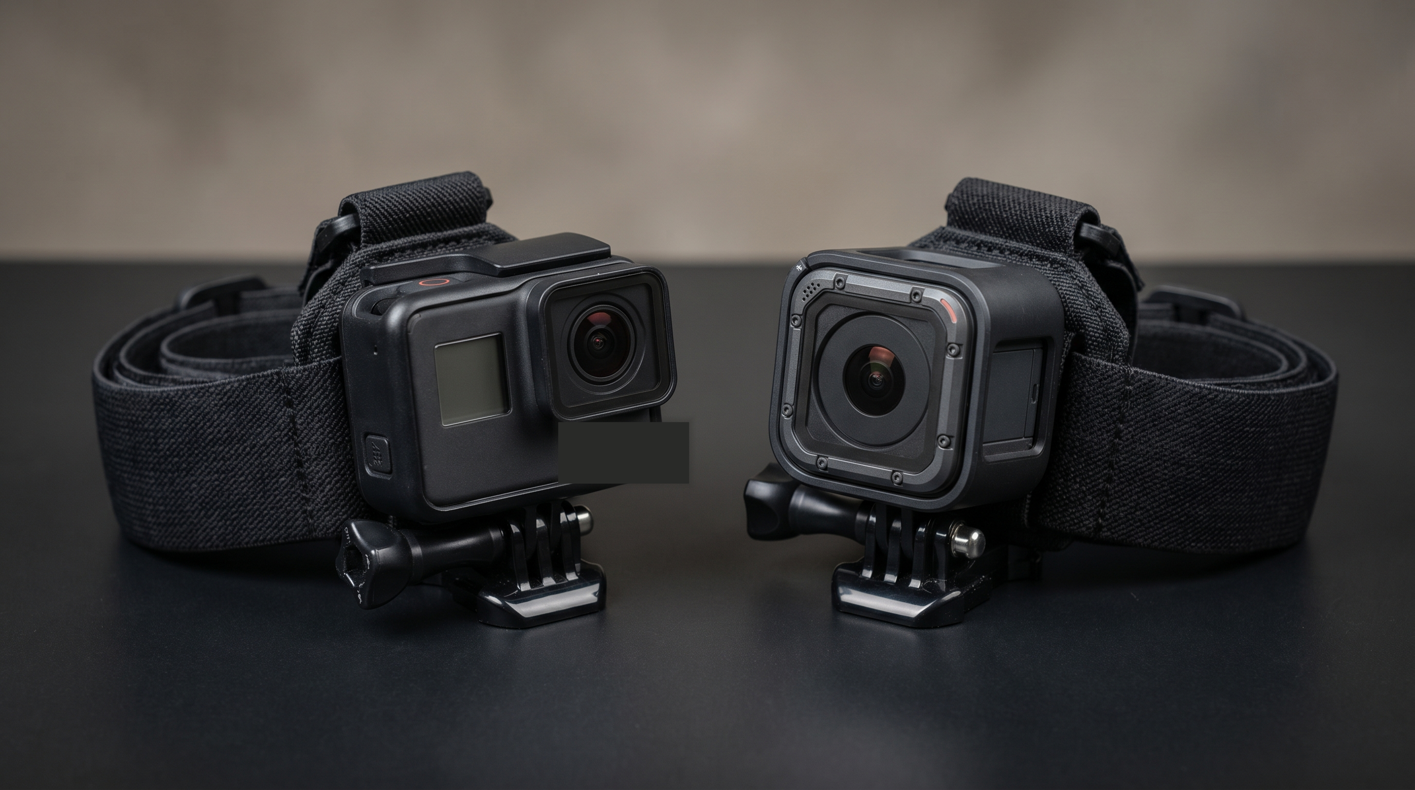 Editorial comparison image of two action cameras with chest mount accessories on a matte surface