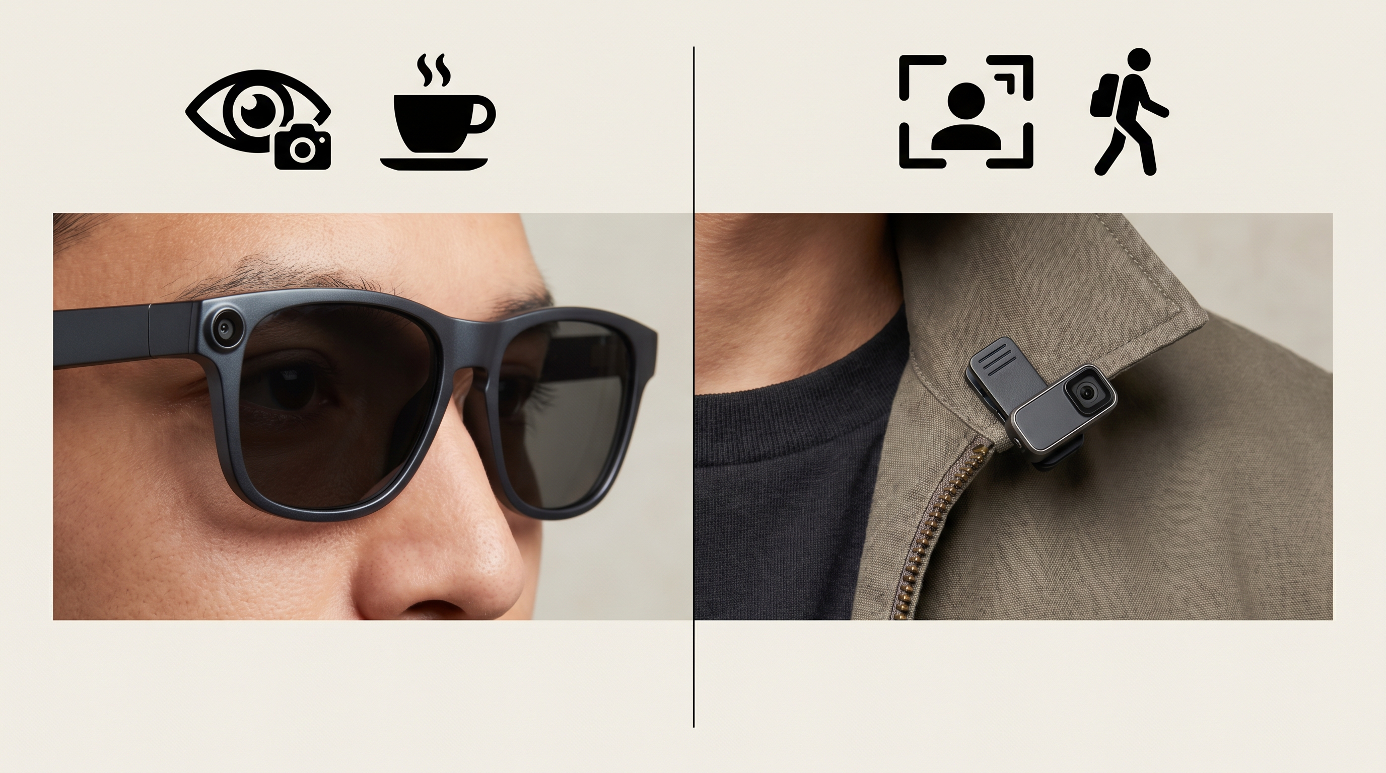 Editorial comparison image of smart glasses versus a tiny clip camera for POV and daily life capture
