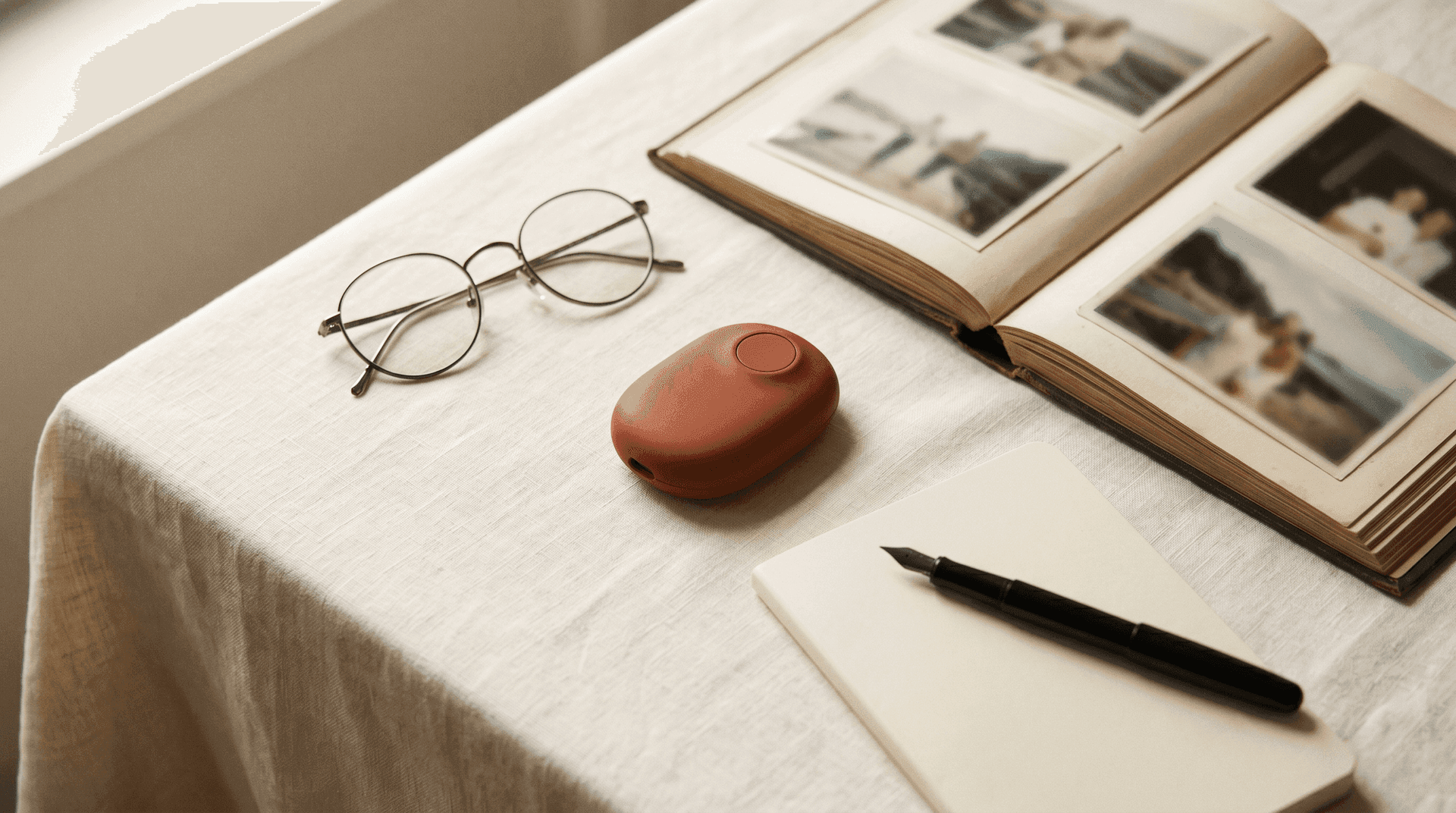Editorial still life: a small wearable camera, glasses, a notebook, and an open photo album, lit by warm daylight